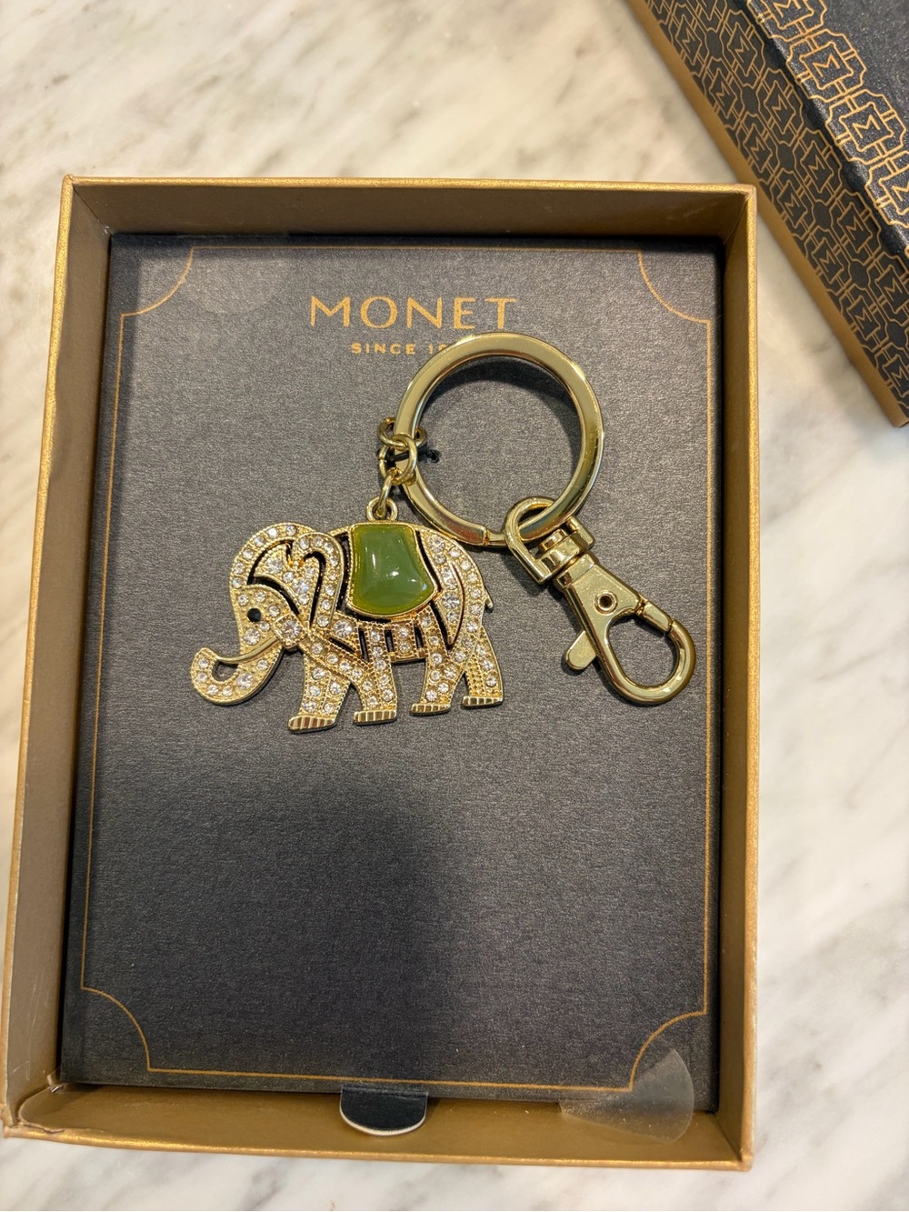Monet Gold Elephant Keyring with Green Enamel Saddle